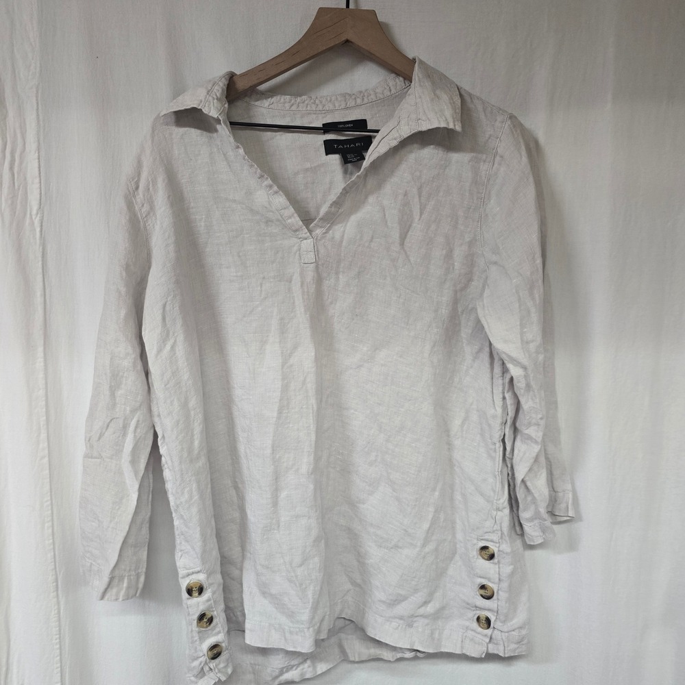 Tahari Linen Side Button Tunic Women XL Tan Linen Coastal Grandma Minimalist
